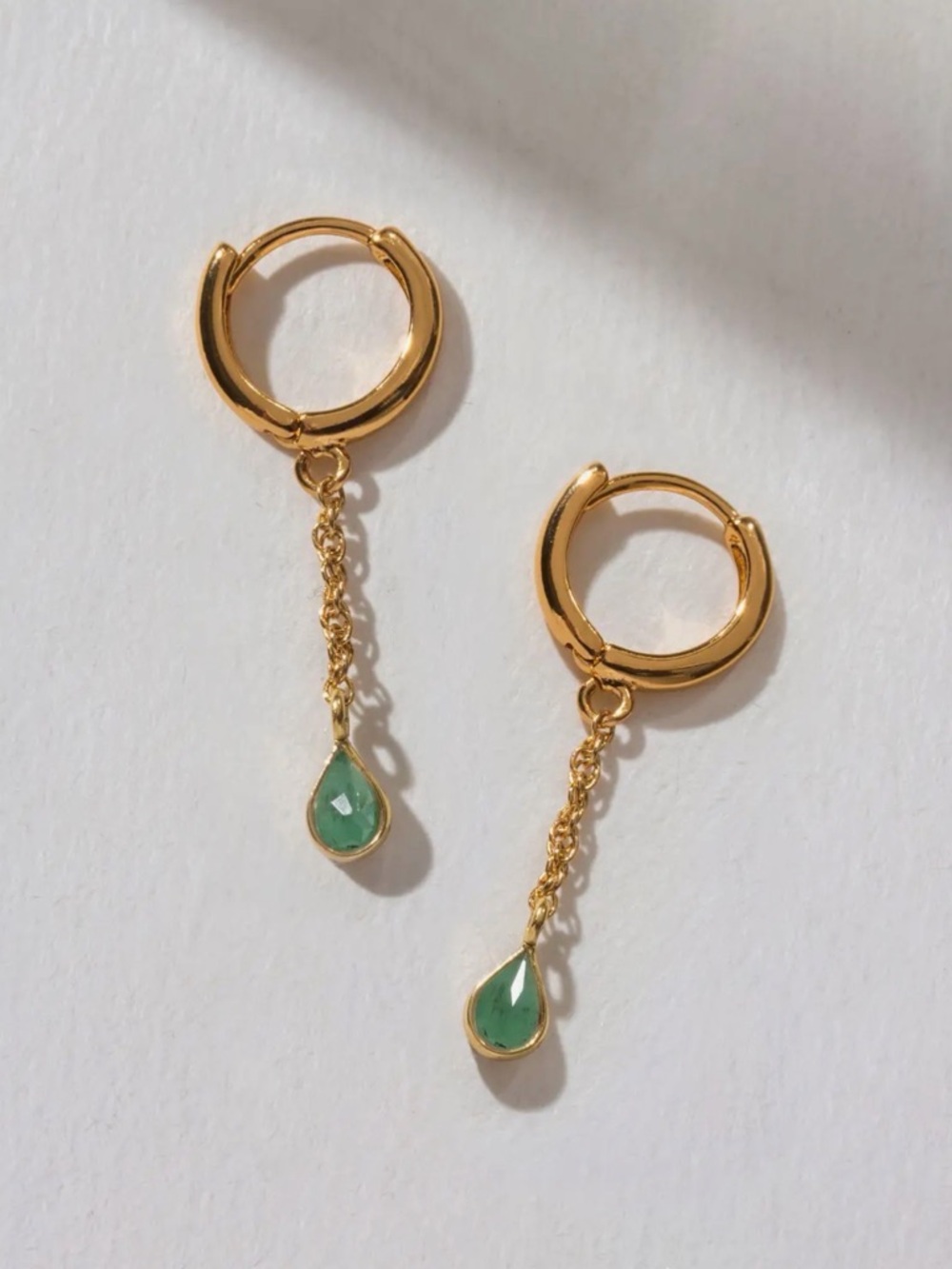A392. Luna Norte Gold Hoop Earrings with Green Emerald Teardrop Dangle